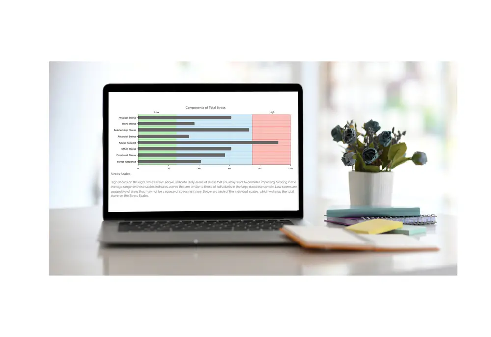 Stress and well-being assessment results report displayed on a laptop